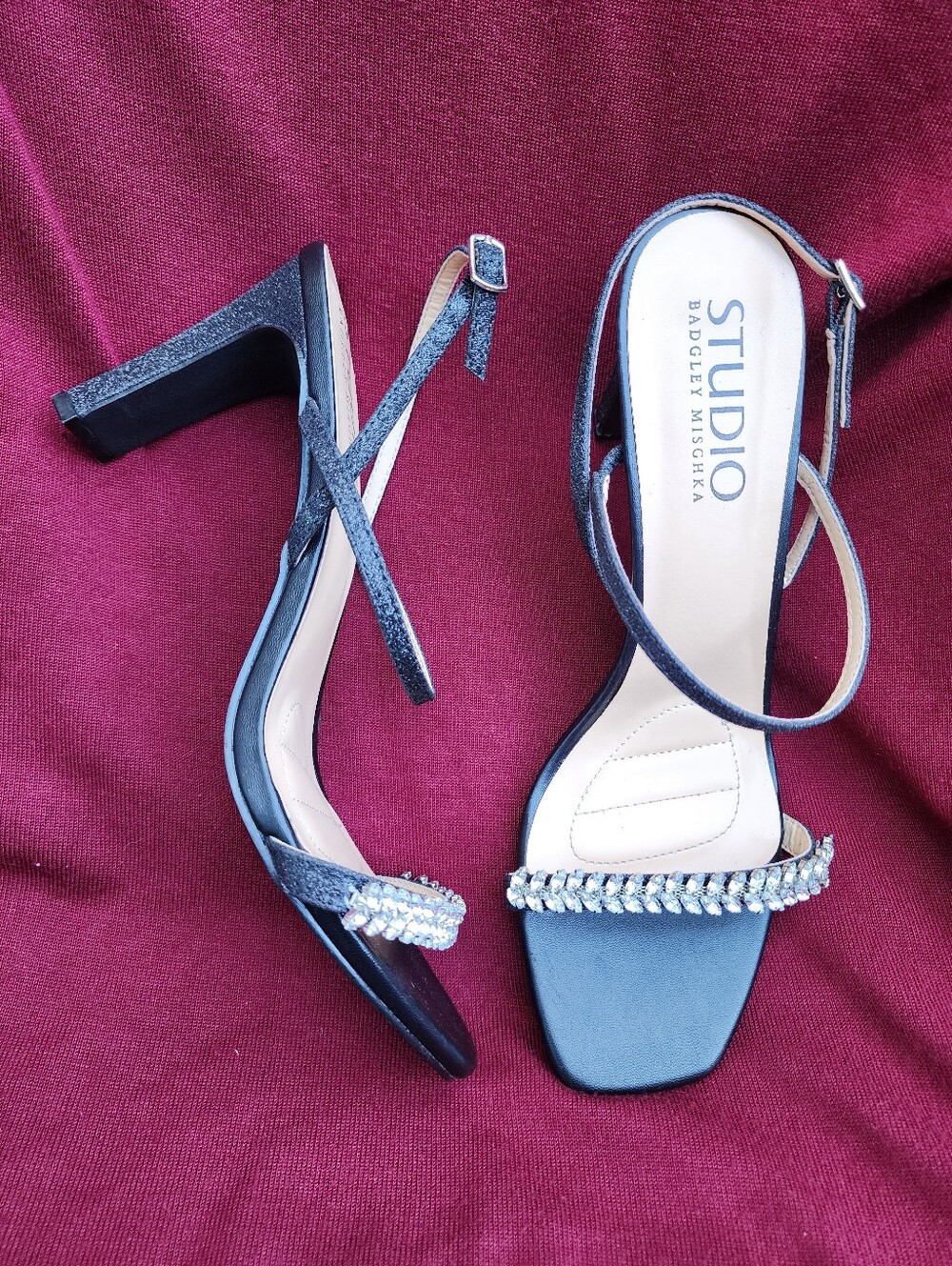 Badgley Mischka Black Crystal-Embellished Block Heel Sandals